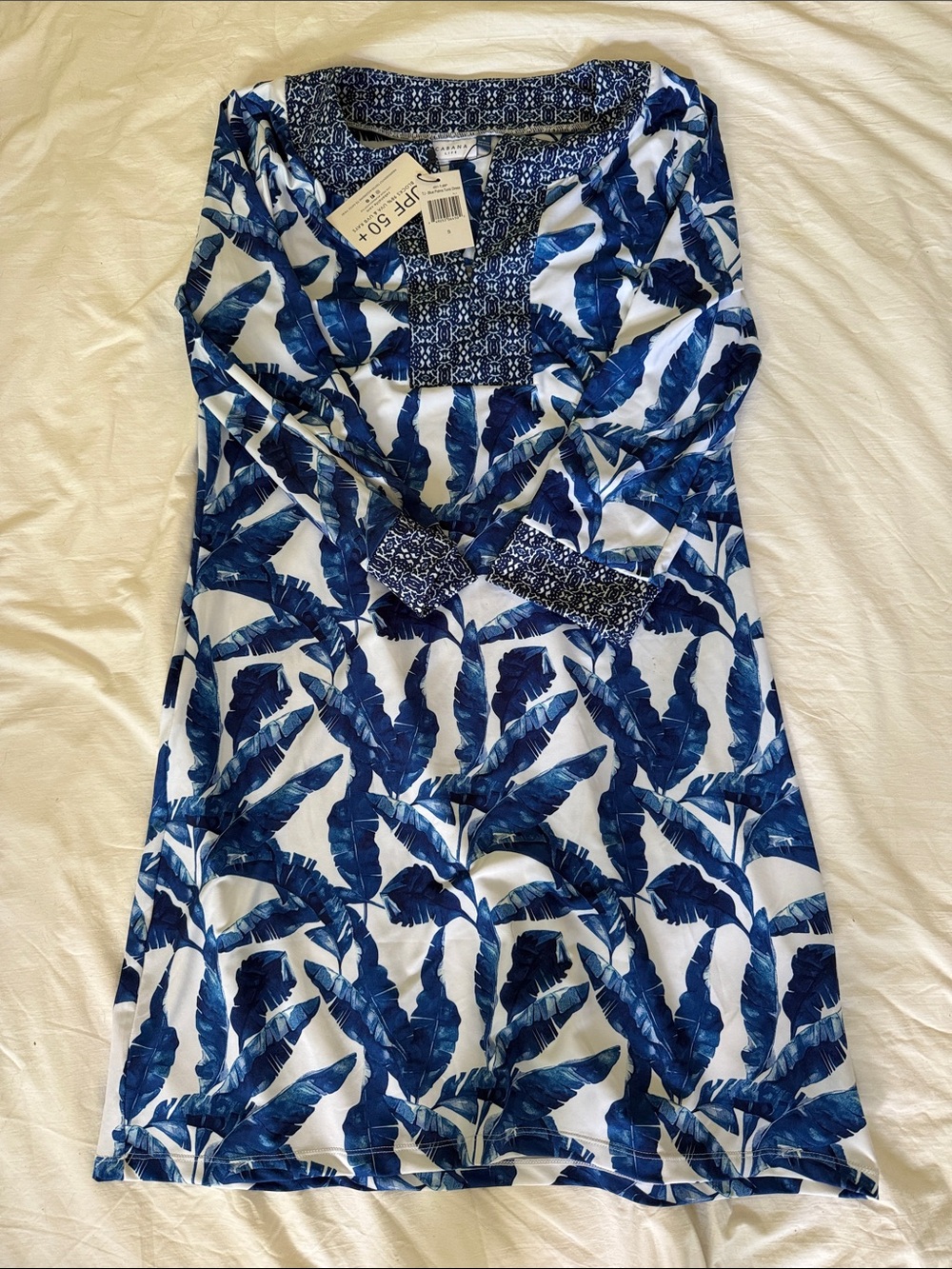 Cabana Life Blue & White Long Sleeve Tropical Tunic Dress